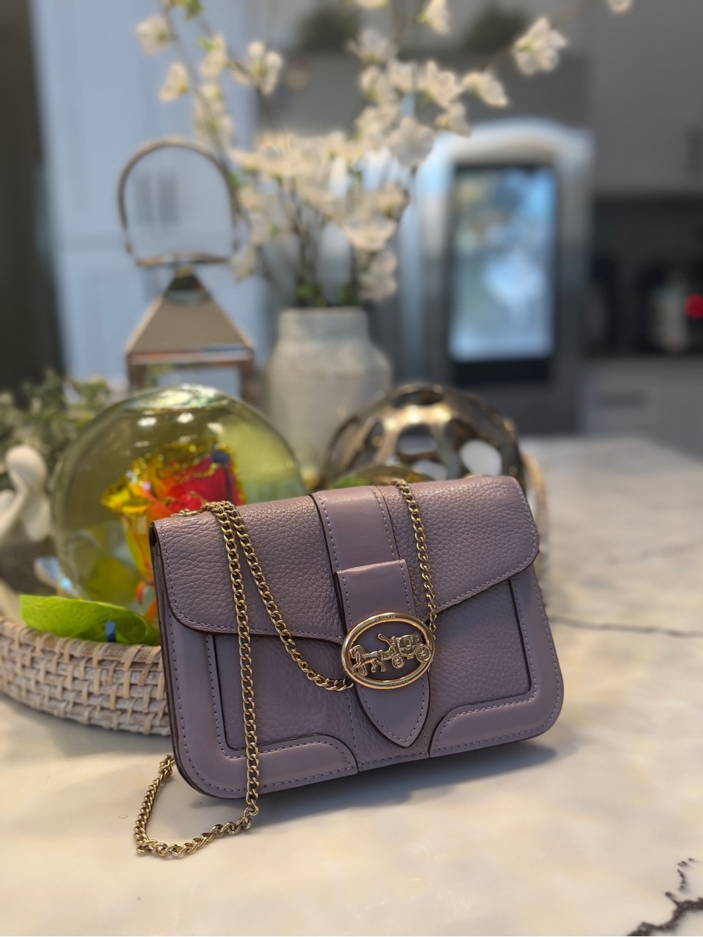 Coach Lavender Pebble Leather Chain Crossbody with Gold Hardware